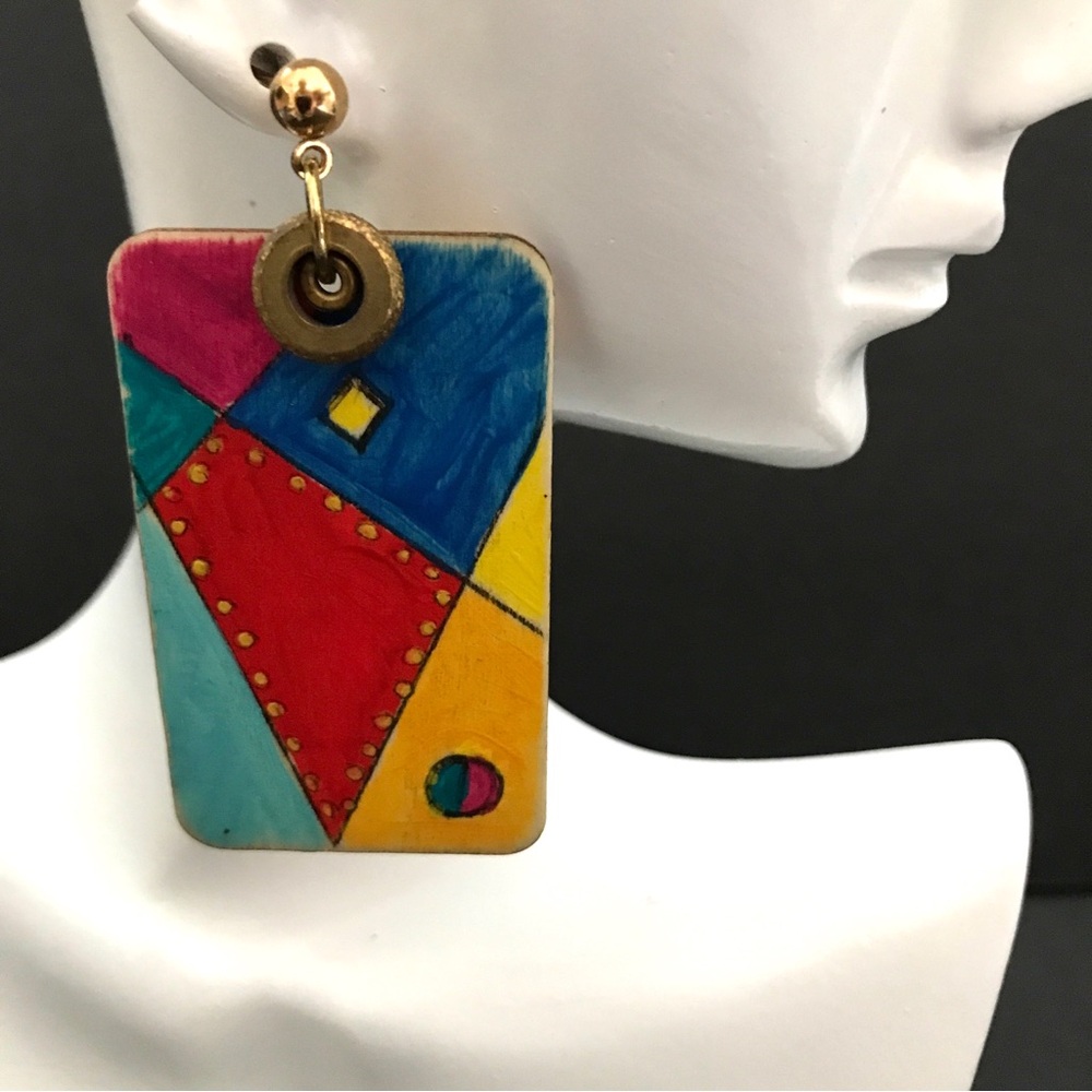 Earrings Abstract hand painted on wood. Very light 2” long